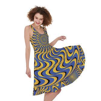 Blue And Yellow Motion Illusion Print Sleeveless Knee Length Dress | Newhawaiianshirts