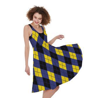 Blue Black And Yellow Argyle Print Sleeveless Knee Length Dress | Newhawaiianshirts UK