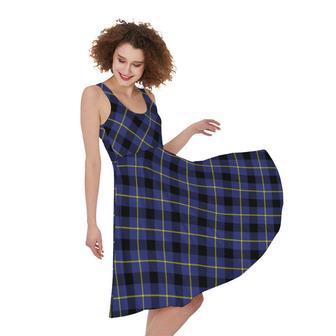 Blue Black And Yellow Plaid Print Sleeveless Knee Length Dress | Newhawaiianshirts CA