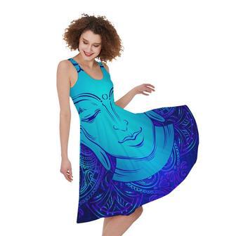 Blue Buddha Print Sleeveless Knee Length Dress | Newhawaiianshirts DE