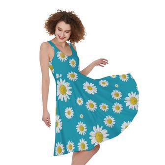 Blue Daisy Flower Pattern Print Sleeveless Knee Length Dress | Newhawaiianshirts