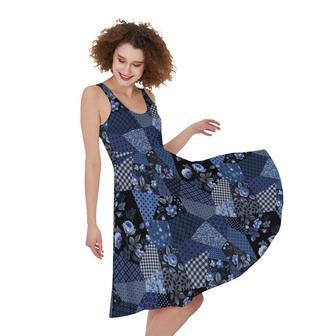 Blue Flower Patchwork Pattern Print Sleeveless Knee Length Dress | Newhawaiianshirts CA