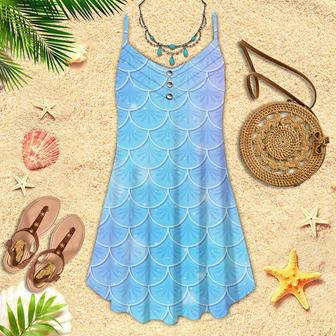 Blue Holographic Mermaid Scales Spaghetti Strap Summer Dress | Newhawaiianshirts CA