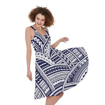 Blue Maori Polynesian Tattoo Print Sleeveless Knee Length Dress | Newhawaiianshirts CA