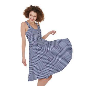 Blue Prince of Wales Check Print Sleeveless Knee Length Dress | Newhawaiianshirts CA