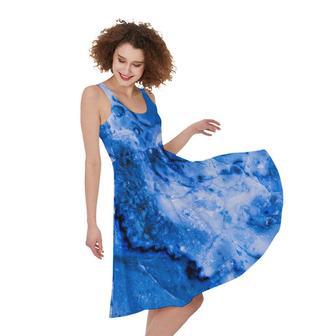 Blue Sapphire Marble Print Sleeveless Knee Length Dress | Newhawaiianshirts DE