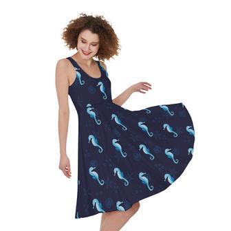 Blue Seahorse Pattern Print Sleeveless Knee Length Dress | Newhawaiianshirts AU