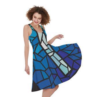 Blue Stained Glass Cross Print Sleeveless Knee Length Dress | Newhawaiianshirts DE