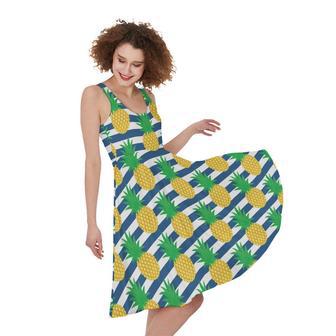 Blue Striped Pineapple Pattern Print Sleeveless Knee Length Dress | Newhawaiianshirts