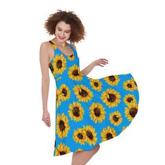 Blue Sunflower Pattern Print Sleeveless Knee Length Dress | Newhawaiianshirts UK