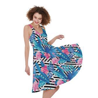 Blue Tropical And Pink Flamingo Print Sleeveless Knee Length Dress | Newhawaiianshirts UK