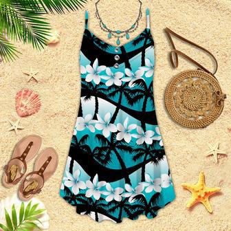 Blue Tropical Flowers With Palm Tree Spaghetti Strap Summer Dress | Newhawaiianshirts AU