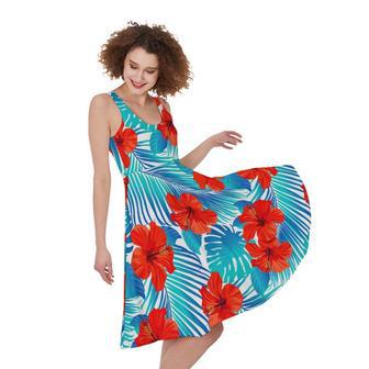 Blue Tropical Hibiscus Pattern Print Sleeveless Knee Length Dress | Newhawaiianshirts UK