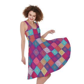 Boho Mandala Patchwork Pattern Print Sleeveless Knee Length Dress | Newhawaiianshirts DE