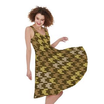 Brown And Tan Houndstooth Pattern Print Sleeveless Knee Length Dress | Newhawaiianshirts DE