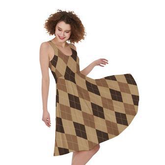 Brown Argyle Pattern Print Sleeveless Knee Length Dress | Newhawaiianshirts UK