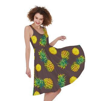 Brown Pineapple Pattern Print Sleeveless Knee Length Dress | Newhawaiianshirts CA