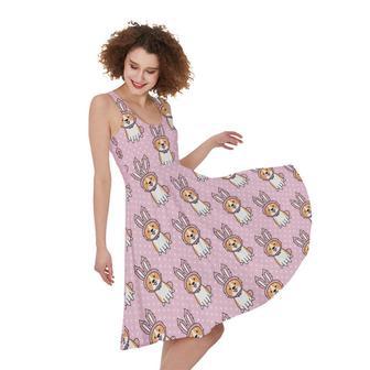 Bunny Corgi Pattern Print Sleeveless Knee Length Dress | Newhawaiianshirts