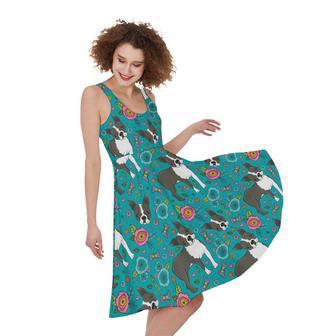 Cartoon Boston Terrier Flower Print Sleeveless Knee Length Dress | Newhawaiianshirts