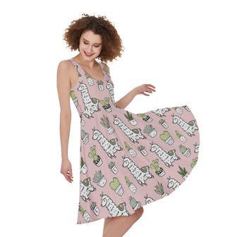 Cartoon Cactus And Llama Pattern Print Sleeveless Knee Length Dress | Newhawaiianshirts AU