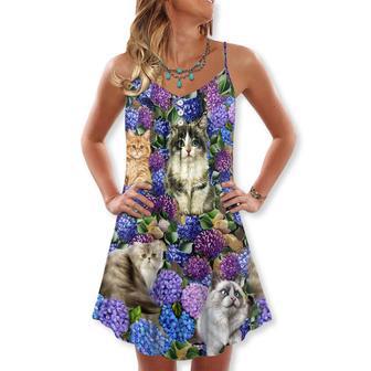 Cat Lovely And Purple Flowers - V-Neck Sleeveless Cami Dress | Newhawaiianshirts UK