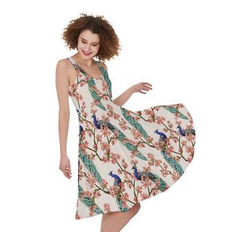 Cherry Blossom Peacock Print Sleeveless Knee Length Dress | Newhawaiianshirts CA