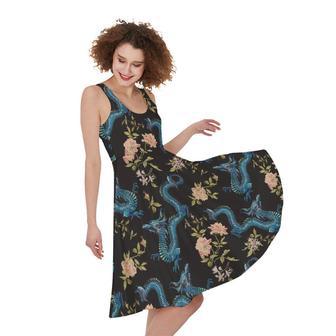 Chinese Dragon And Flower Pattern Print Sleeveless Knee Length Dress | Newhawaiianshirts UK