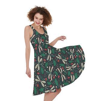 Christmas Floral Dragonfly Pattern Print Sleeveless Knee Length Dress | Newhawaiianshirts