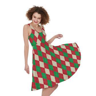 Christmas Themed Argyle Pattern Print Sleeveless Knee Length Dress | Newhawaiianshirts UK