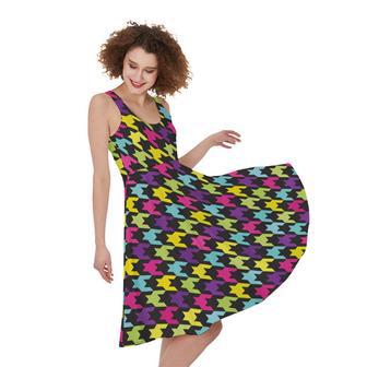 Colorful Houndstooth Pattern Print Sleeveless Knee Length Dress | Newhawaiianshirts AU