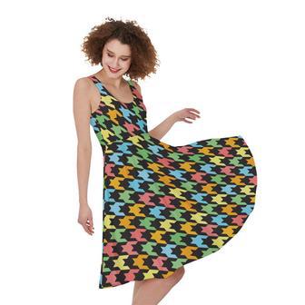 Colorful Houndstooth Print Sleeveless Knee Length Dress | Newhawaiianshirts AU