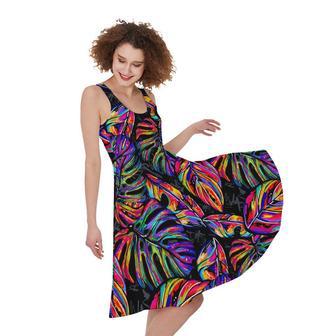 Colorful Leaf Tropical Pattern Print Sleeveless Knee Length Dress | Newhawaiianshirts CA