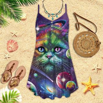 colorful Rainbow Cat Space Galaxy Planet Spaghetti Strap Summer Dress | Newhawaiianshirts CA