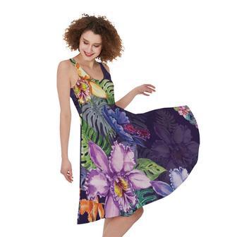 Colorful Watercolor Cattleya Print Sleeveless Knee Length Dress | Newhawaiianshirts