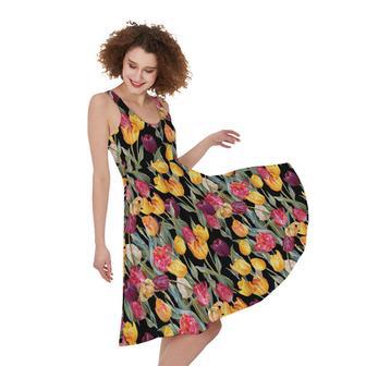 Colorful Watercolor Tulip Pattern Print Sleeveless Knee Length Dress | Newhawaiianshirts