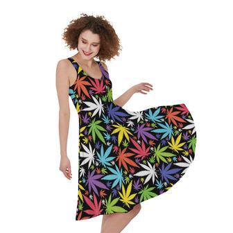 Colorful Weed Leaf Pattern Print Sleeveless Knee Length Dress | Newhawaiianshirts CA