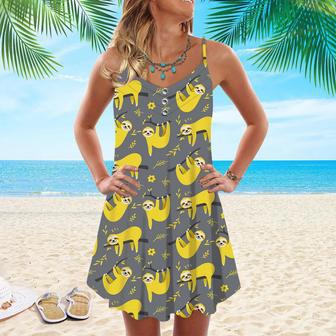 Cute Sloth Seamless Pattern In Yellow And Gray Spaghetti Strap Summer Dress | Newhawaiianshirts DE