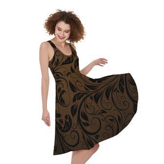 Dark Brown Western Damask Print Sleeveless Knee Length Dress | Newhawaiianshirts UK