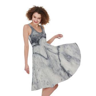 Dark Grey White Marble Print Sleeveless Knee Length Dress | Newhawaiianshirts