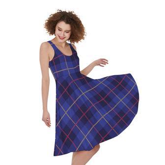 Deep Blue Stewart Tartan Print Sleeveless Knee Length Dress | Newhawaiianshirts