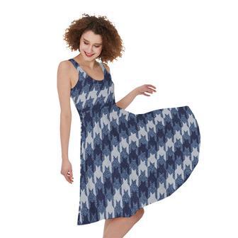 Denim Houndstooth Pattern Print Sleeveless Knee Length Dress | Newhawaiianshirts