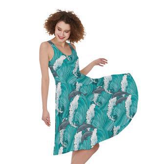 Dolphin Riding Waves Pattern Print Sleeveless Knee Length Dress | Newhawaiianshirts DE