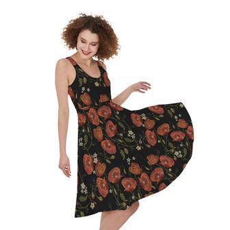 Embroidery Poppy Pattern Print Sleeveless Knee Length Dress | Newhawaiianshirts AU