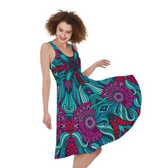 Ethnic Teal Bohemian Pattern Print Sleeveless Knee Length Dress | Newhawaiianshirts DE