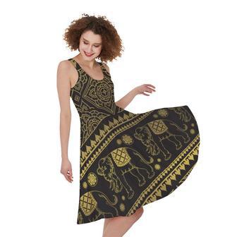 Ethnic Thai Elephant Pattern Print Sleeveless Knee Length Dress | Newhawaiianshirts DE