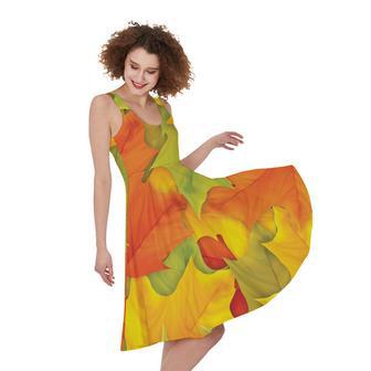 Fall Autumn Maple Leaves Print Sleeveless Knee Length Dress | Newhawaiianshirts CA