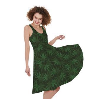 Forest Green Cannabis Leaf Print Sleeveless Knee Length Dress | Newhawaiianshirts