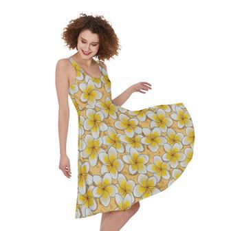 Frangipani Flower Pattern Print Sleeveless Knee Length Dress | Newhawaiianshirts AU