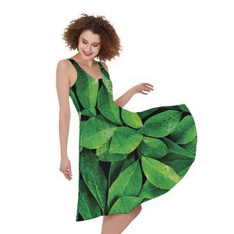 Fresh Green Leaf Print Sleeveless Knee Length Dress | Newhawaiianshirts DE