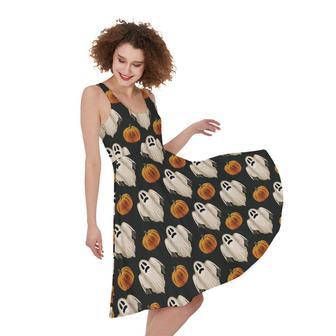 Ghost And Pumpkin Pattern Print Sleeveless Knee Length Dress | Newhawaiianshirts AU